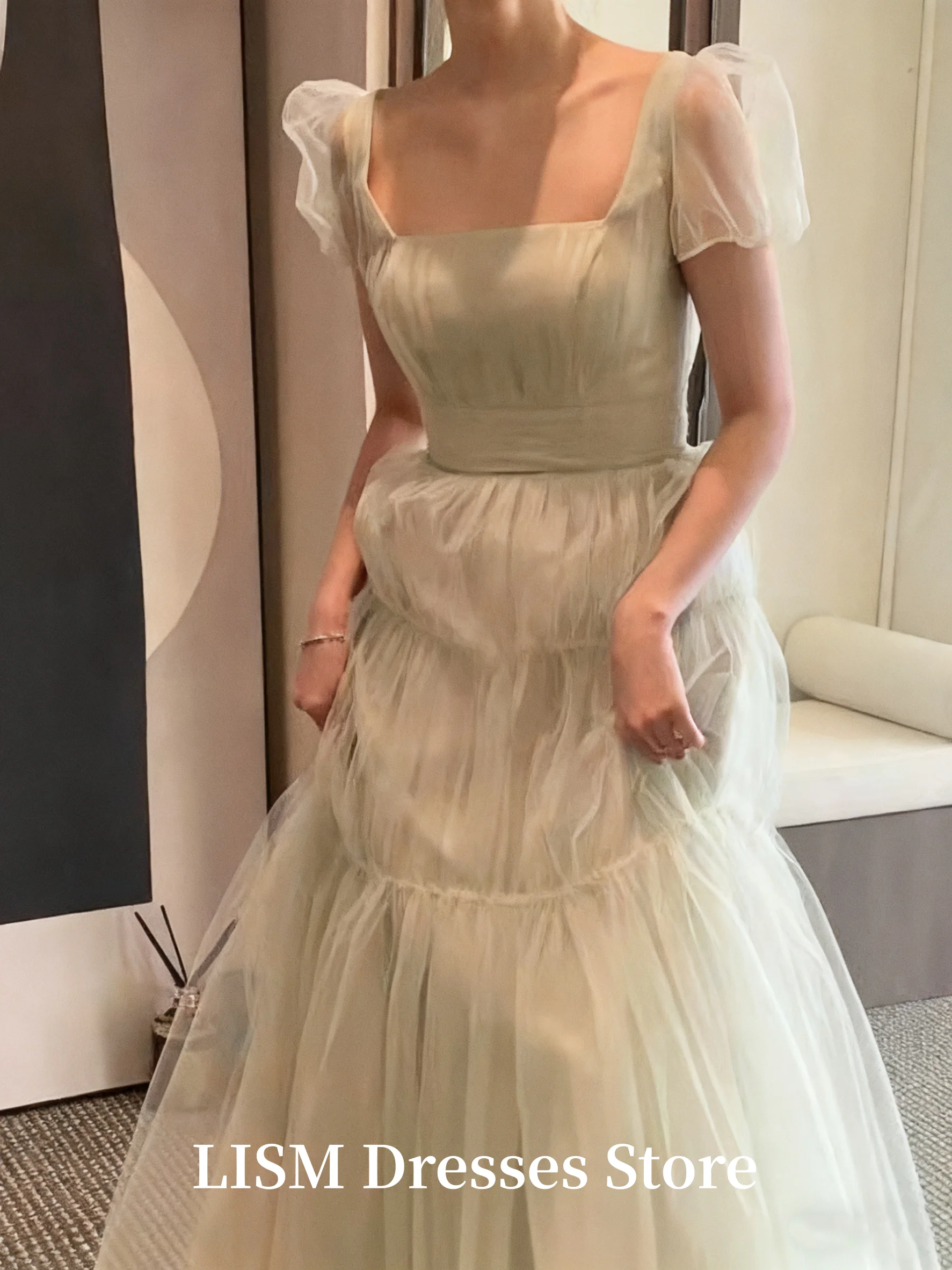 Lism hortelã verde coreia vestidos de noite sessão de fotos gola quadrada tule macio lindos vestidos de baile personalizados ”. espartilhos