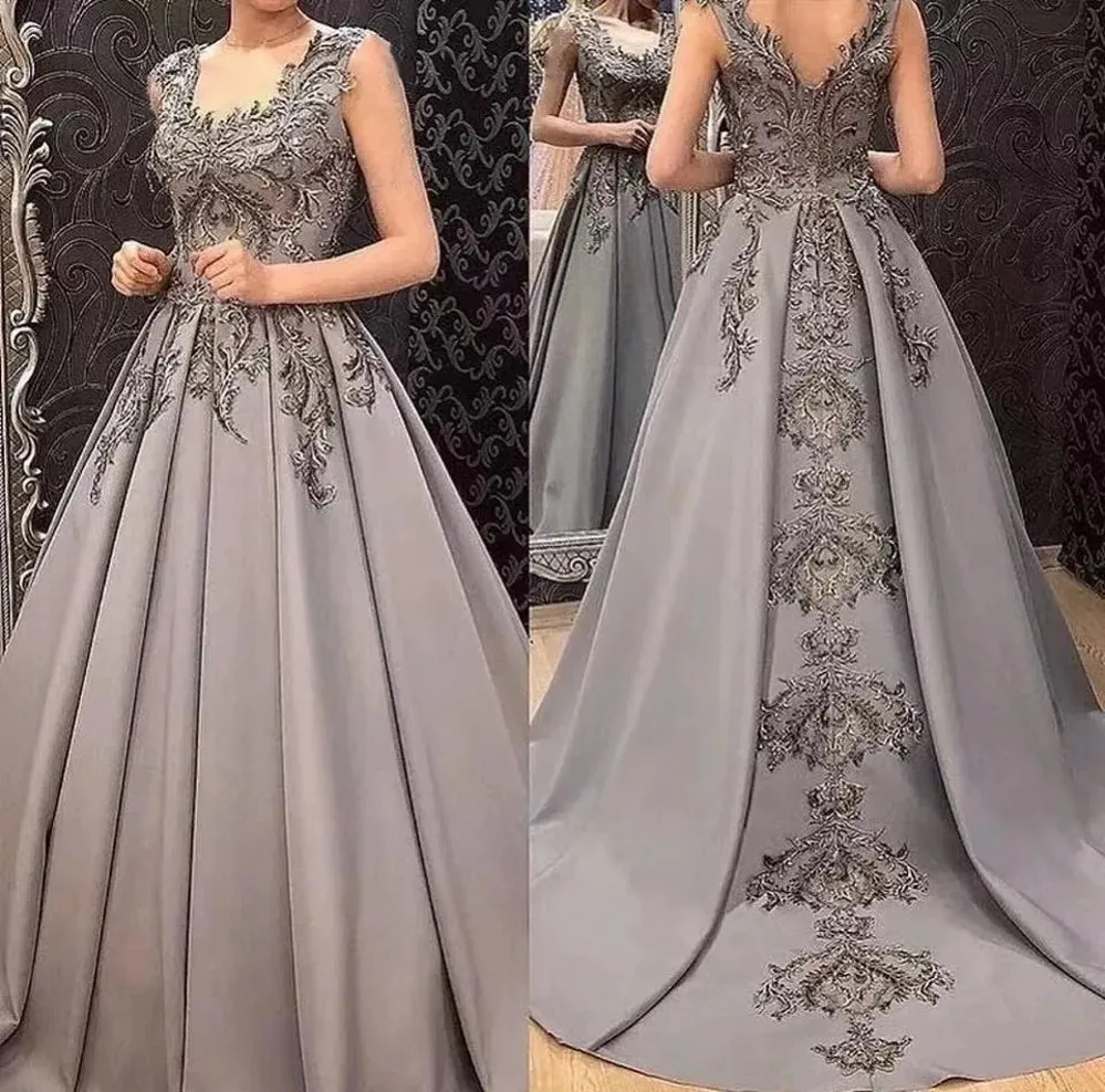 

Vintage Gray Satin Evening Formal Dress Scoop Lace Appliques Sleeveless Satin Prom Pageant Party Gowns Robe De Soiree