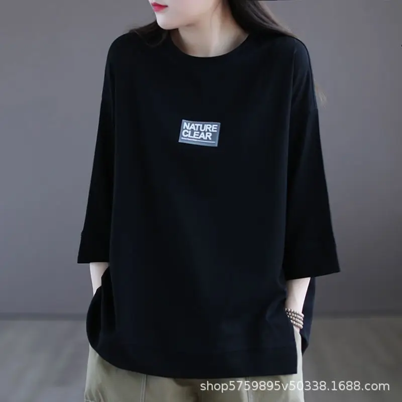 Fashion 2024 Labeling Summer Women 3/4 Sleeve Purple Forking Short Sleeved Casual Loose Large Size Popularity All Match T-shirt