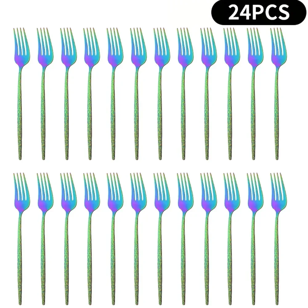 24Pcs Rainbow Dinner Fork Tableware Dinnerware Stainless Steel Silverware Gold Kitchen Flatware Cutlery Silverware Set