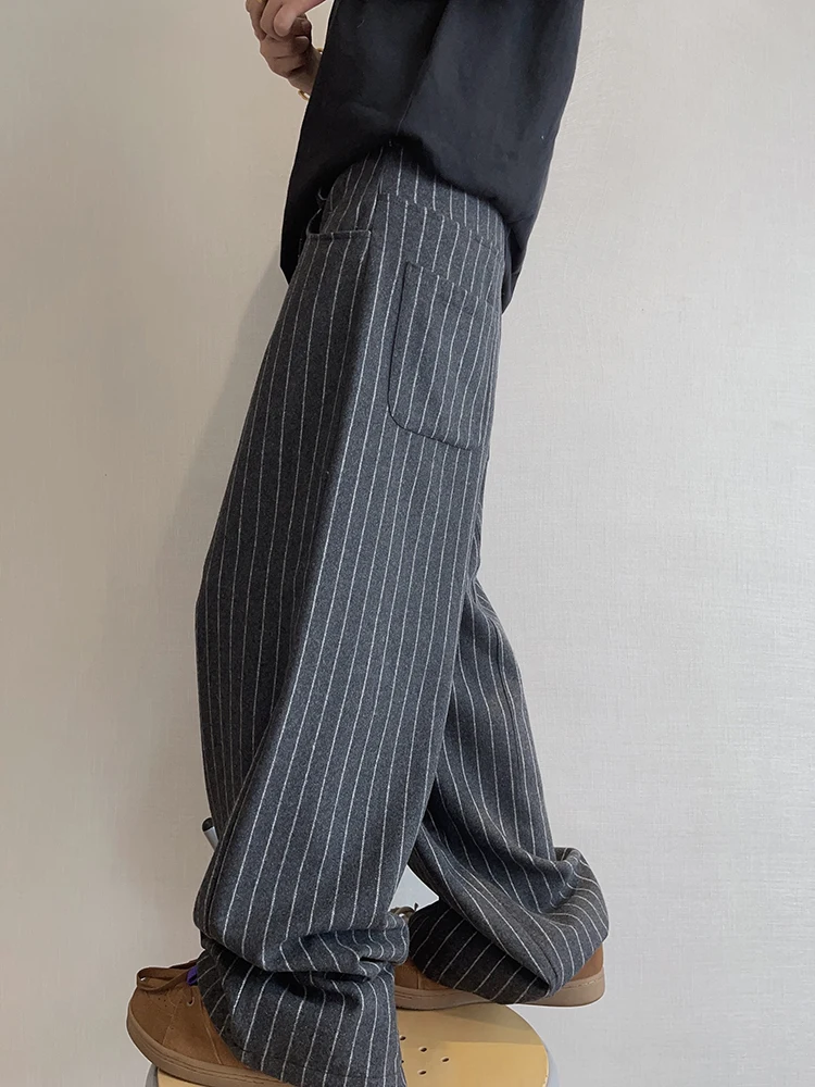 

Dannyandzee Men's Casual Pants ey Vertical Stripes Loose Fit Wool Blend Long Straight Leg Pants Spring Faion Youth Sle