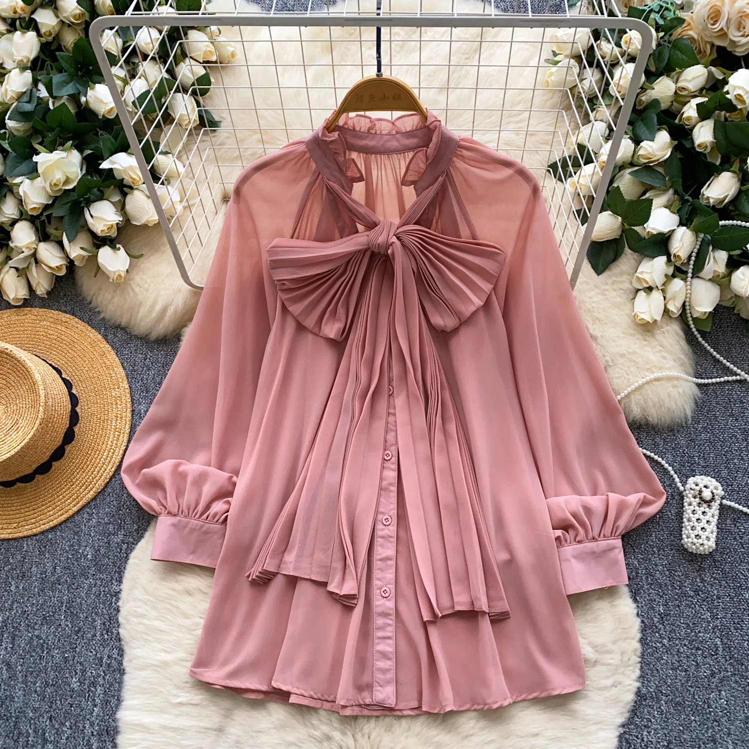 

Elegant butterfly button chiffon long sleeve Top Women Korean Fashion hotsweet High Street Autumn Clothing