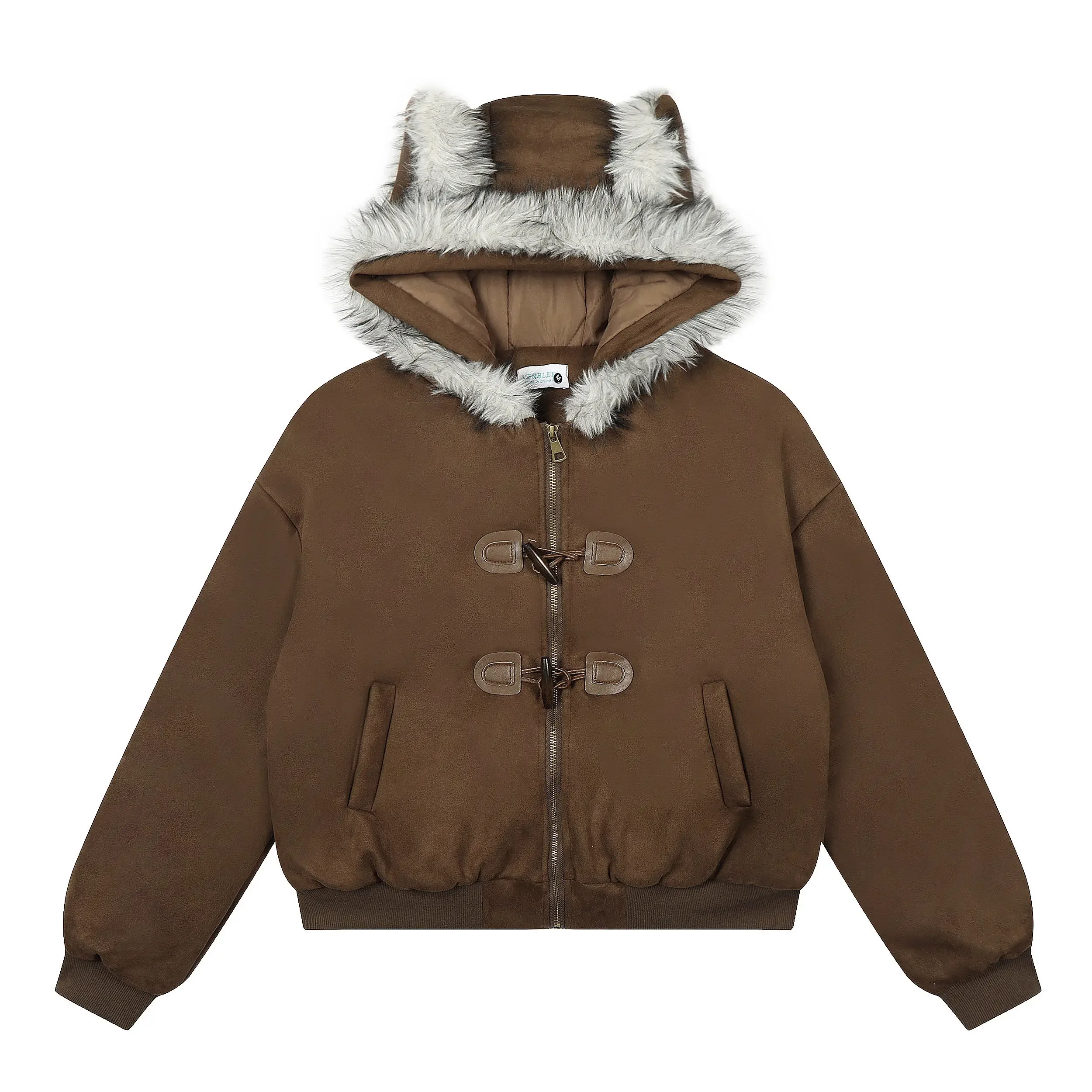 2026 Winter New Women's Down Cotton Jacket Loose Hooded Splicing American Fake Leather Grass Jacket