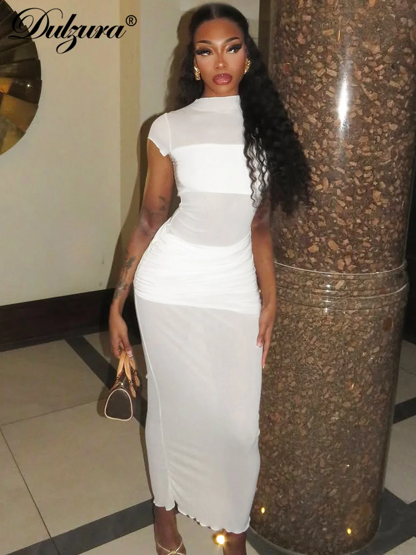 Dulzura O-Collo Senza Maniche Aderente Increspato Spacco Laterale Sheer Mesh Maxi Abito Solido Sexy Casual Dress Party Club Street Summer Outfit