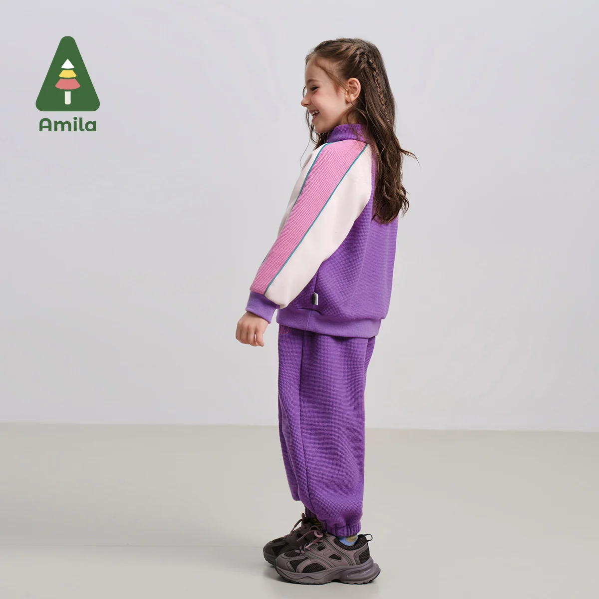 Amila Baby Suit 2024 Winter New High Quality Girls Purple Contrast High Collar Sports Warm Soft Loose Casual Children‘s Clothing