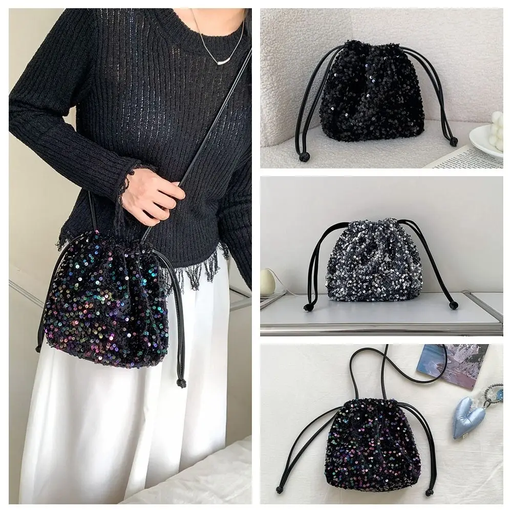 

Cloth Sequin Shoulder Bag Simple Silver Purse Small Crossbody Bag Make Up Bag Bundle Handbag Drawstring Bucket Bag Girls