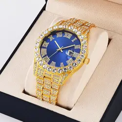 Luxury Hip Hop Men's Watch Shiny Rhinestone Inlaid Stainless Steel Dial Quartz Movement Color Matching Business Wristwatch