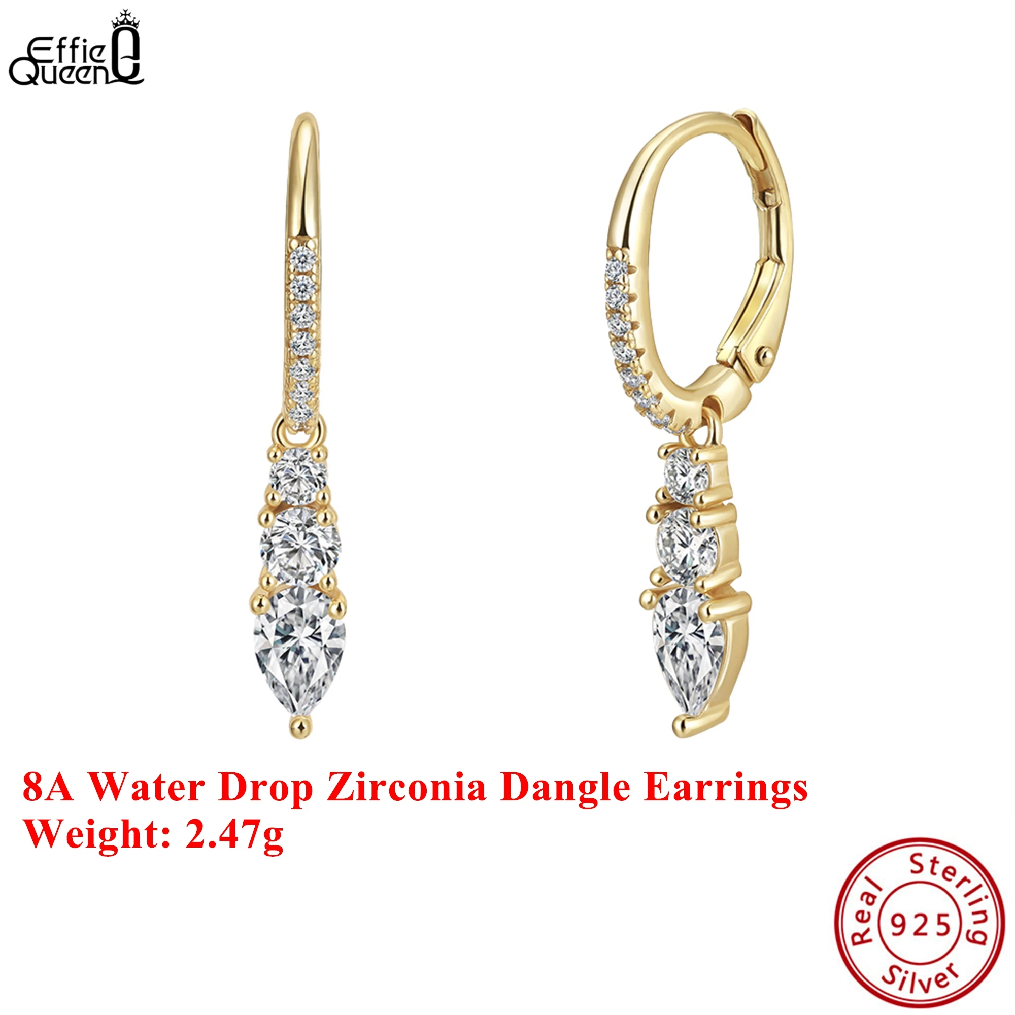 

EFFIE QUEEN S925 Silver 14k Gold Water Drop Cut Zirconia Dangle Earrings Ideal Jewelry for Women Banquet Party Casual Gift LZE60
