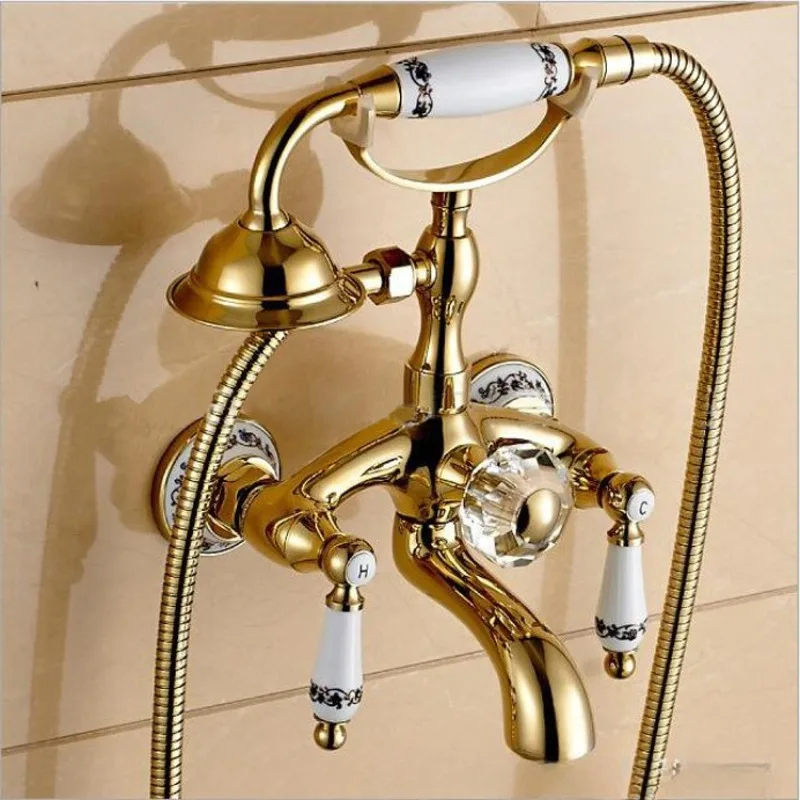 

Антикварный настенный смеситель с кронштейном, латунный, позолоченный, с сине-белым фарфоровым декором, для душа и ванны