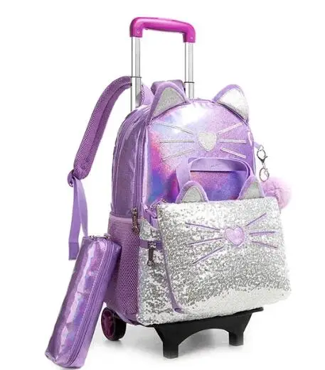 Mochila escolar con ruedas para niñas, bolsa de almuerzo, juego de bolígrafos, mochila escolar con ruedas