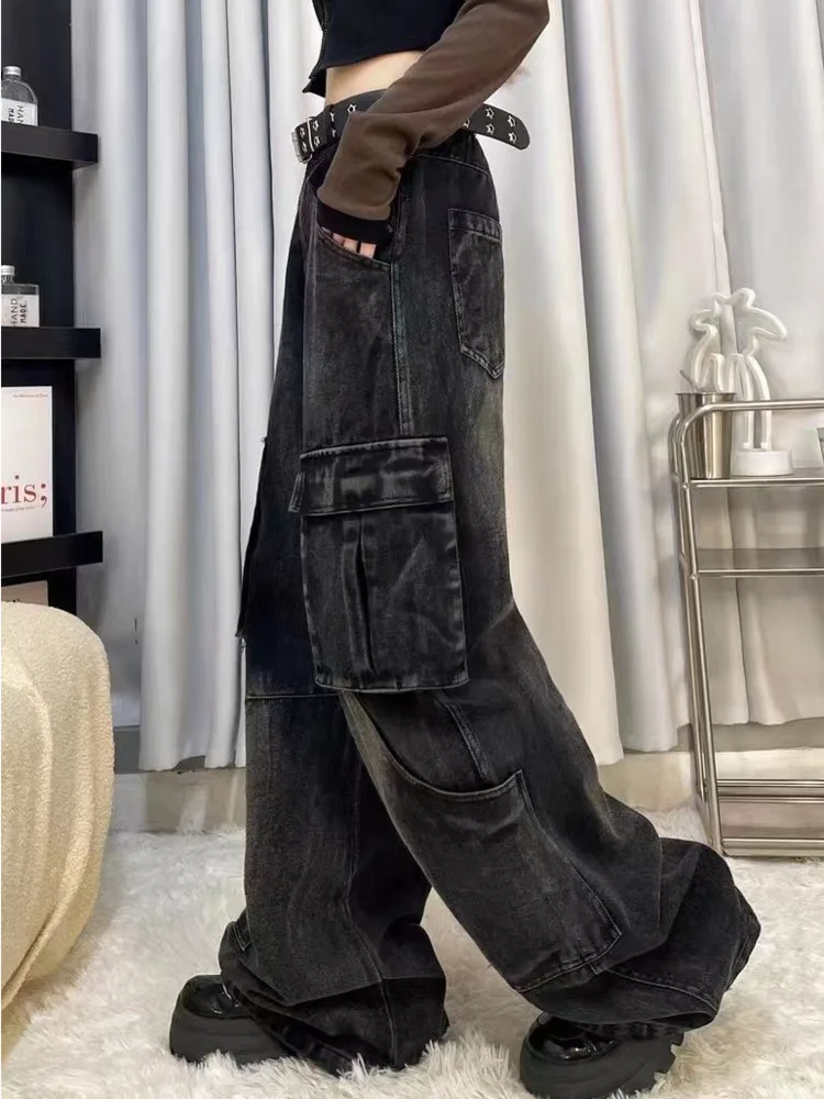 

Y 2k Hip Hop Women Black Cargo Jeans Vintage Korean 90s Aesthetic Y2k Denim Trousers Harajuku High Waist Cowboy Pants 2000s Goth