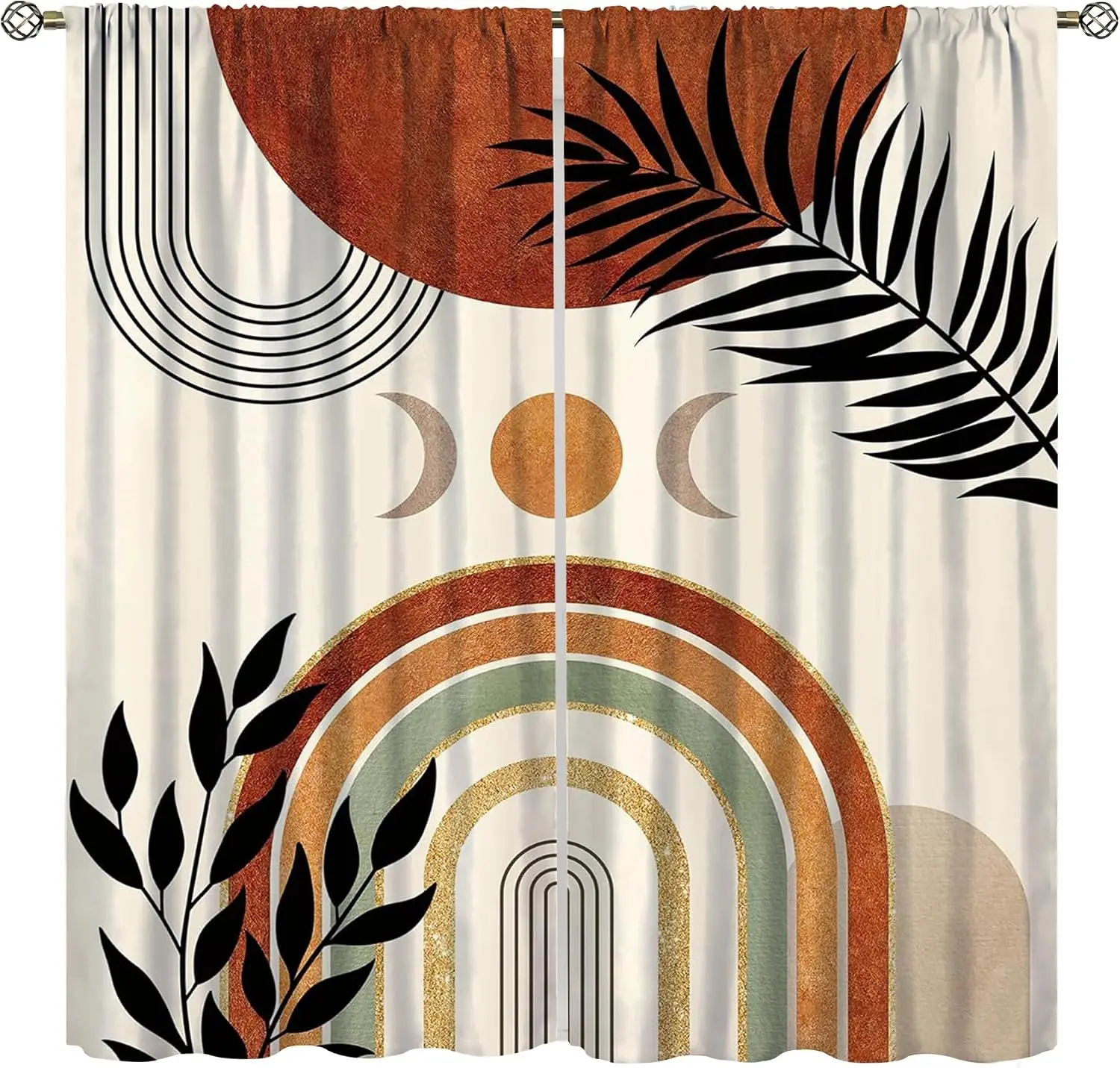 Boho Abstract Arch Moon Palm Leaf Blackout Rod Pocket Curtain Terracotta Golden Line Minimal Decor Homestay Bedroom Rest Bay