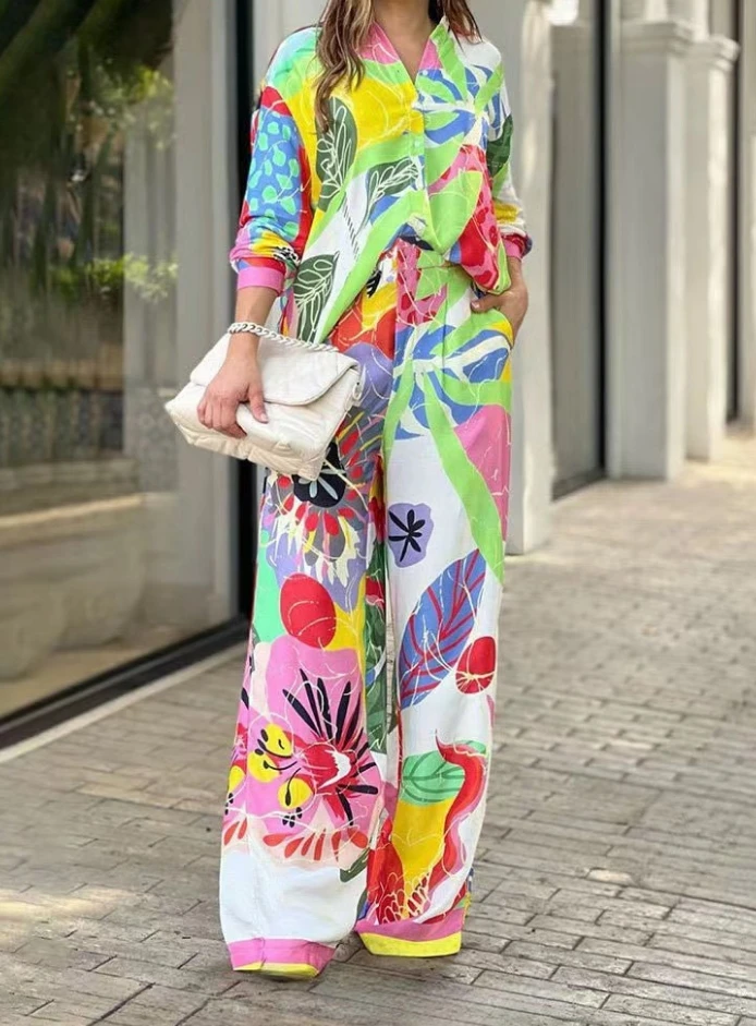 Women\'s Two-Piece Set Temperament Commuting Elegant Printing Long sleeved Loose Shirt High Waist Wide Leg Pants Women\'s Set