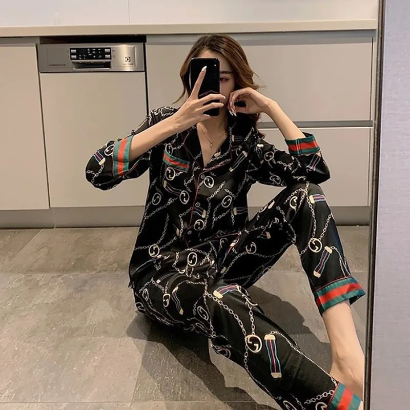 2024 Autumn New Ice Silk Women Pajama Lapel Button Cardigan Outfits for Women 2 Piece Set Fashion Printing Set Clothes for Women