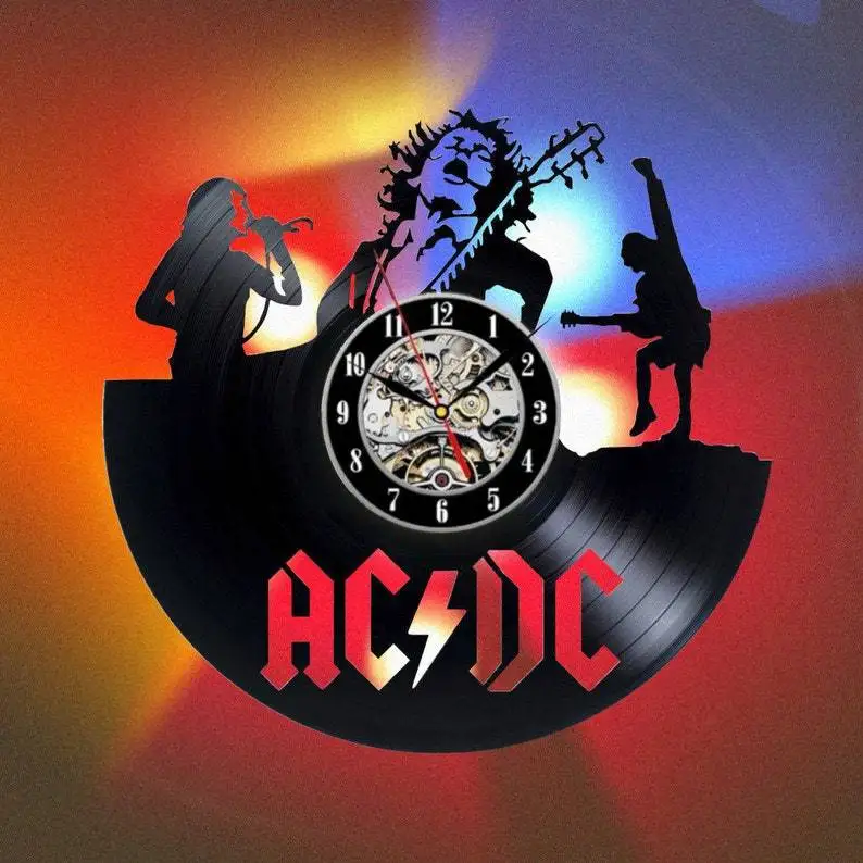 Creative Pop Artists AC DC Band Vinyl Record Wall Clock Creative Retro 16 Colors LED Clocks Home Living Bed Room Decoration