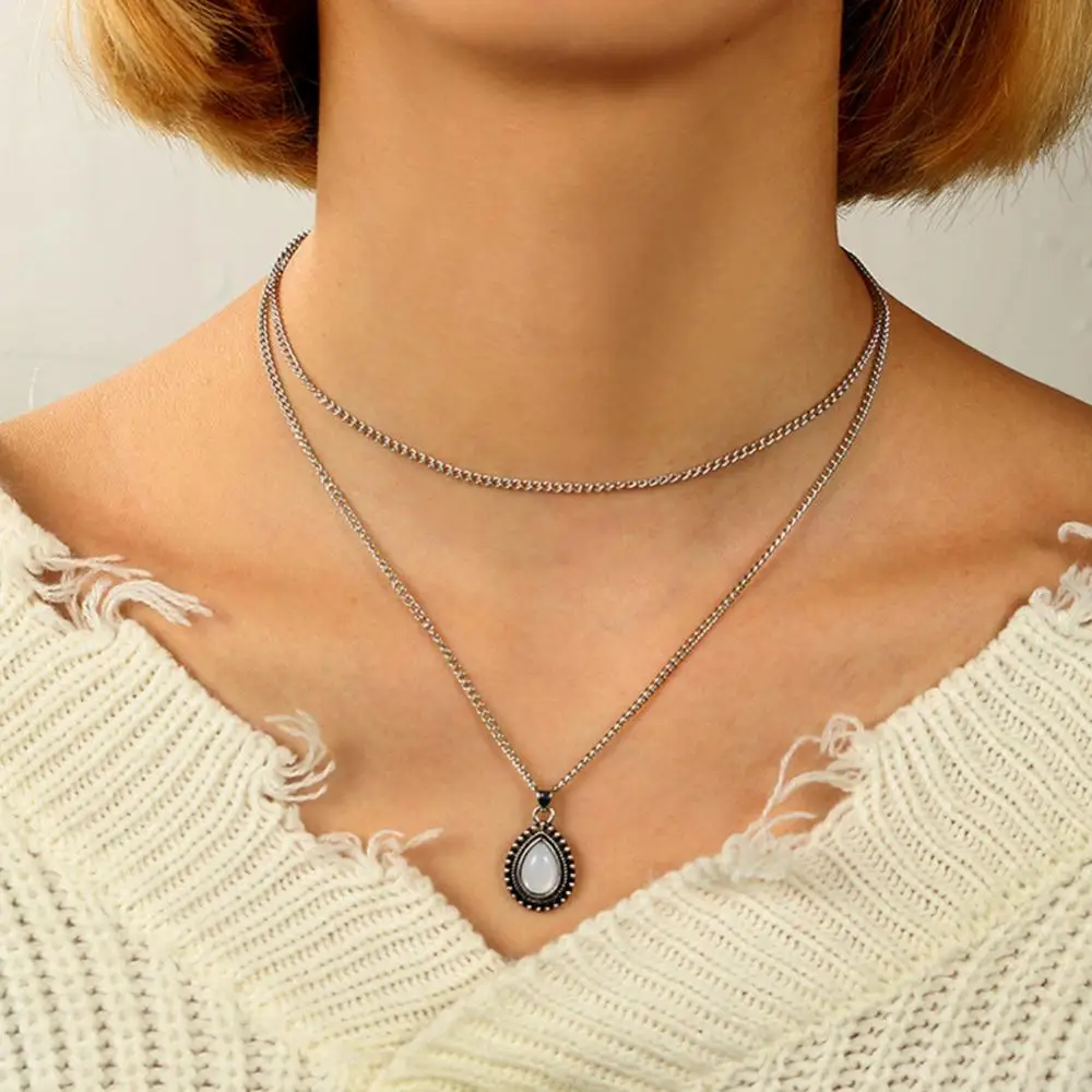 Waterdrop Shaped Opal Colar Pingente para Mulheres, Dupla Camada Gargantilha, Jóias Vintage