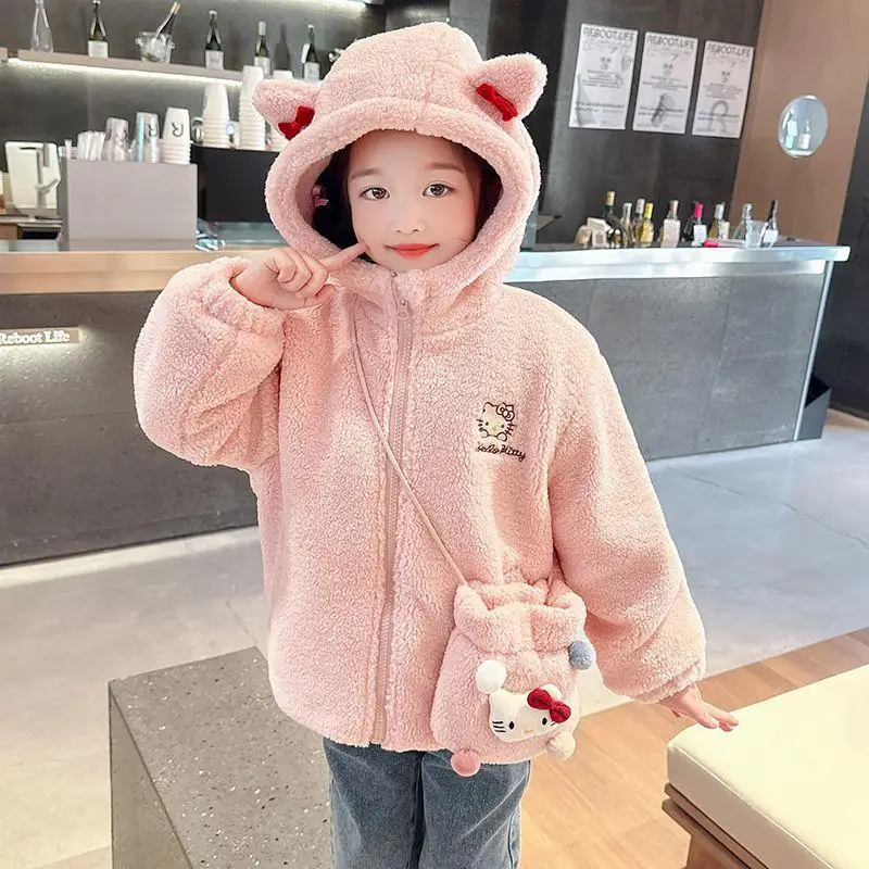 Zimowa nowa aksamitna kurtka Sanrio Hello Kitty Cartoon Child Girl Keep Warm Fleece Sweatshirt Hello Kitty Kuromi Kawaii Fashion