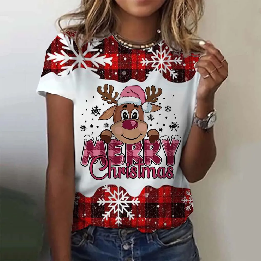

Cartoon Christmas Elk 3D Print Women T-Shirt Fashion Santa Claus Pattern Short Sleeve Top Casual O-neck Loose Tee X'mas Clothing
