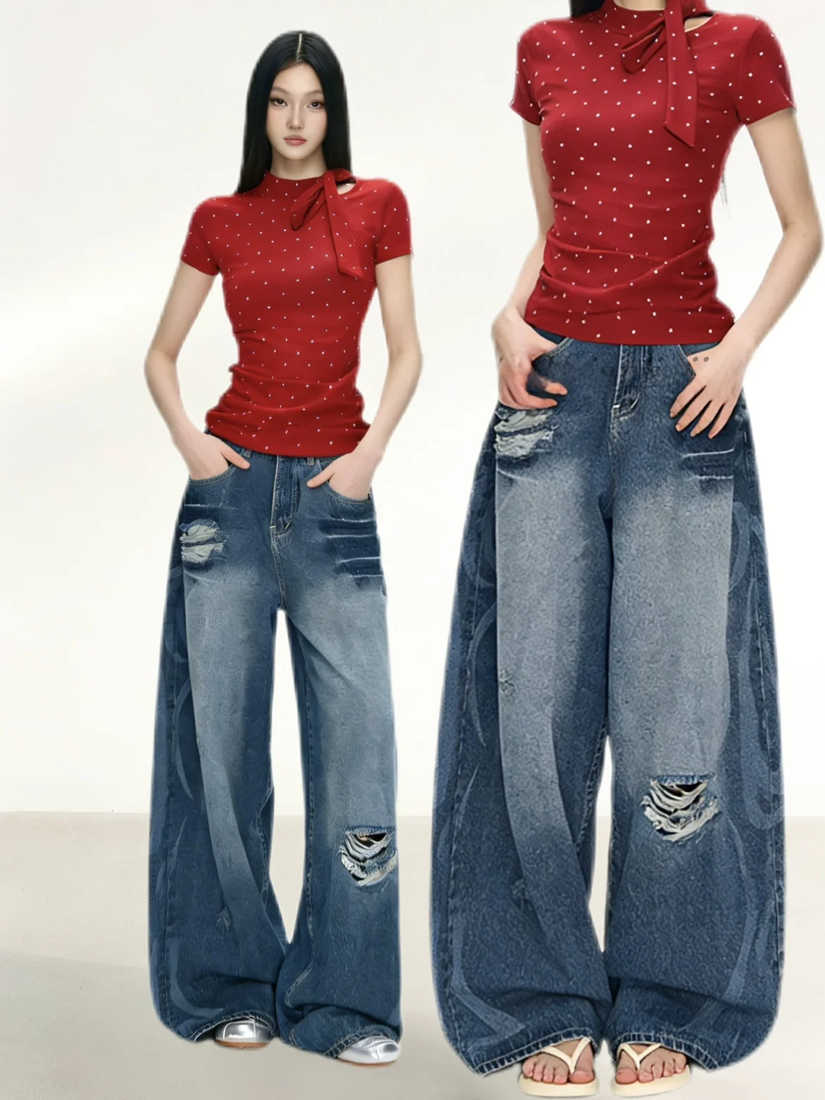 

Red Polka Dot Knot Short Sleeve Top And High Waist Pants Set Vintage Tear Knife Long Pants Women's Fashion Set