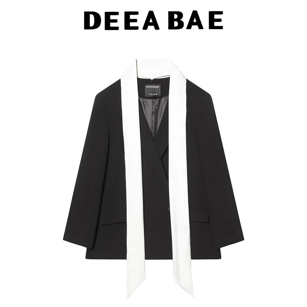 

DEEABAE Winter new women's clothing with shoulder pads lapel collar long sleeves detachable contrasting scarf suit jacket