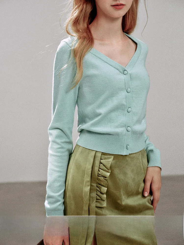 

AYF Autumn New Retro Large V-ne ort Knitted Woolen Cardigan Sweater Blue Warm Knitted Top Casual Slim Fit Long Sve