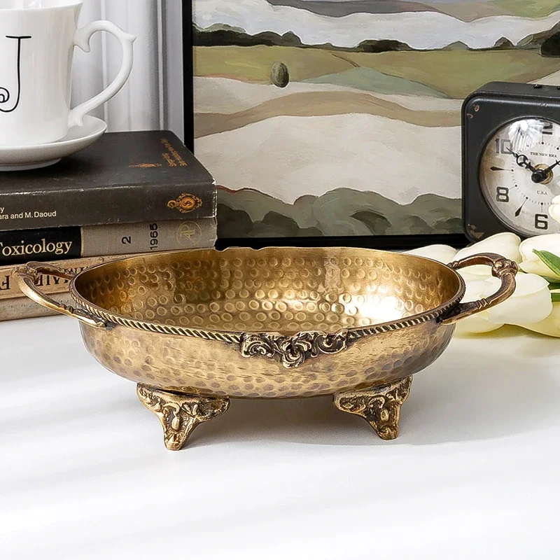 Light Luxury Retro Handmade Brass Hammer Pattern Decorative Bowl High End Double Ear Snack Jewelry Storage Tray Ornaments