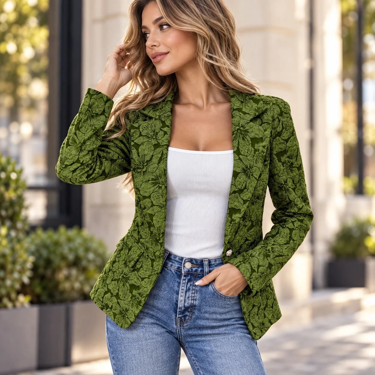 No Hood Coat Fitted Cut Regular Length Elegant with Fitted Jacket Floral Botanical Pattern Elegant Commuter Winter for Women