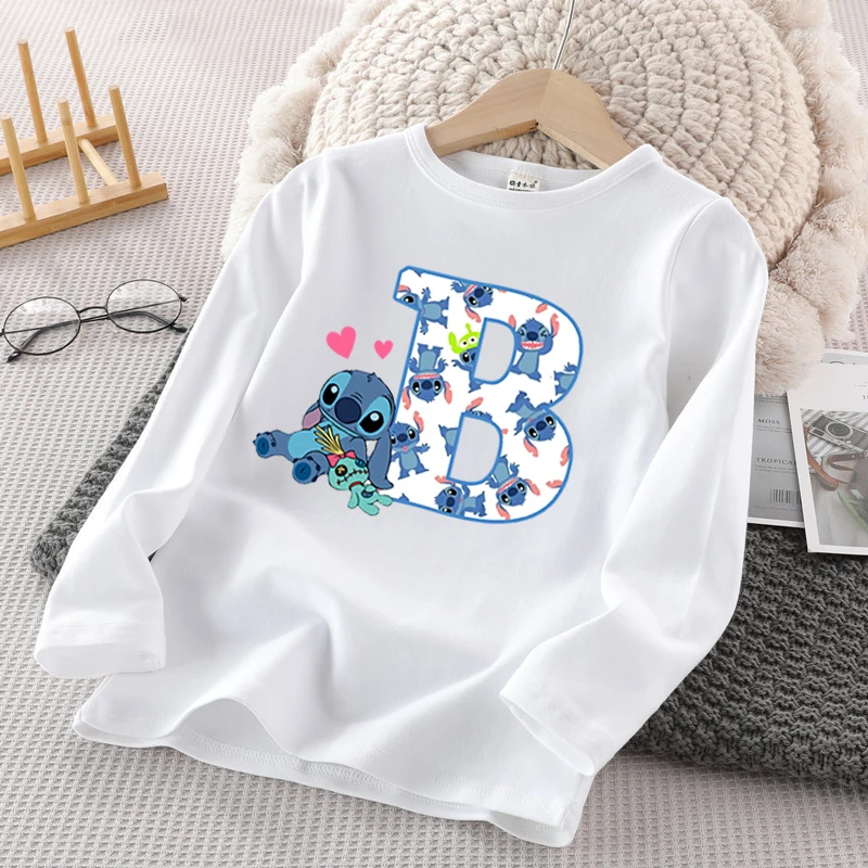 Disney Stitch Kids Long Sleeve T-Shirt Girls Cartoon 26 Letter Printed Cotton Top Cute Kawaii Winter Casual Warm Pullover Gifts