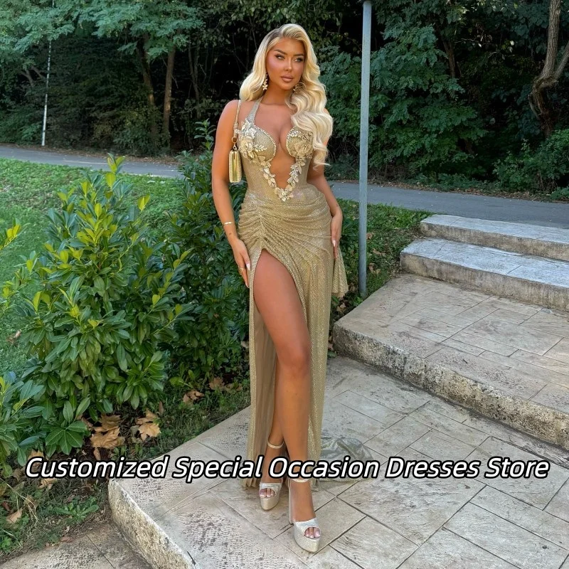 

Блестящее платье для выпускного вечера с высоким разрезом, вечерние платья для африканских женщин, вечернее платье с блестками и аппликацией по индивидуальному заказу, вечерние платья