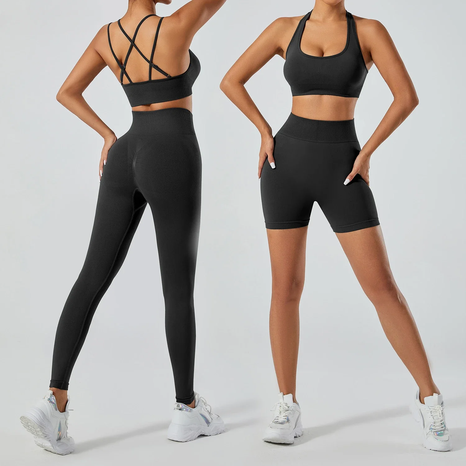 Seamless Yoga Sets Sports Fitness High Waist Hip Raise Pants Long-Sleeved Backless Suit Workout Clothes Gym Shorts Set for Women