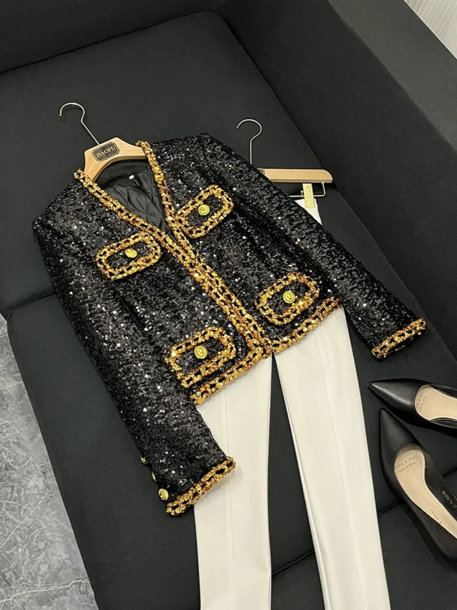 

New 2025 Celebri Ele ort Sequin Chain Jaet Open Cardigan Outerwear Women's Slim Fit Wool Nylon V-Ne Long Sve Coat