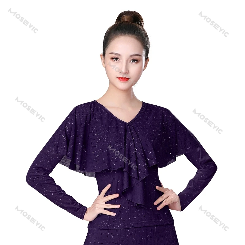 Elegante V-Ausschnitt Rüschen plissierte Tanz oberteile für Frauen einfarbige Slim Fit 3D-Kurve Langarm Latin Ballsaal moderne Tanz kleidung