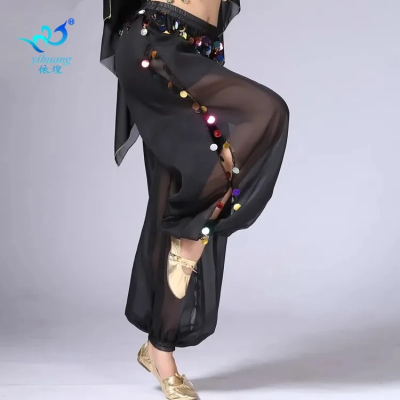 Belly Dance Pants Chiffon Split Wide Leg Pants Dance Pants Sequin Pants Indian Dance Lantern Pants Xinjiang Dance Performance