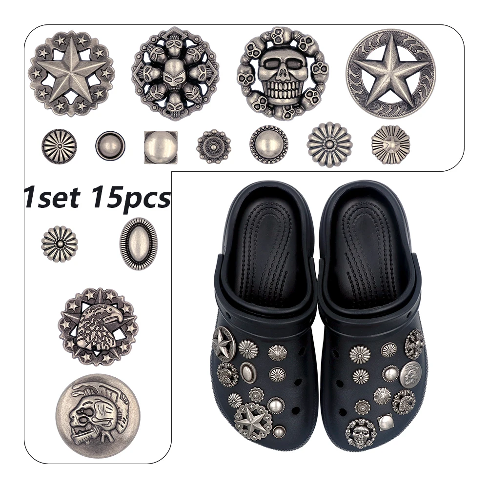 15 Pcs 1 Set Halloween Shoe Accessories Charm Circular Skull Punk Style Detachable Elliptical Metal Hole Sandals Decorations