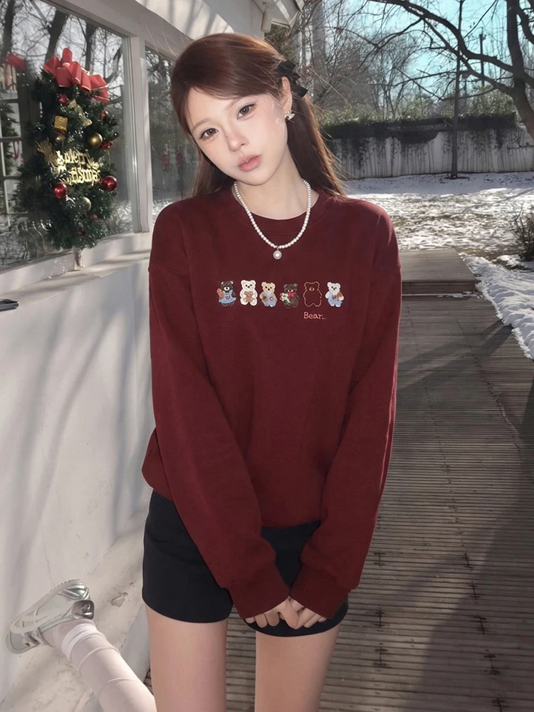 

Retro American round Ne Sweatirt Women Early Spring Bear Print New Year's Clothing Wine Red Loose Versatile Overhead irt