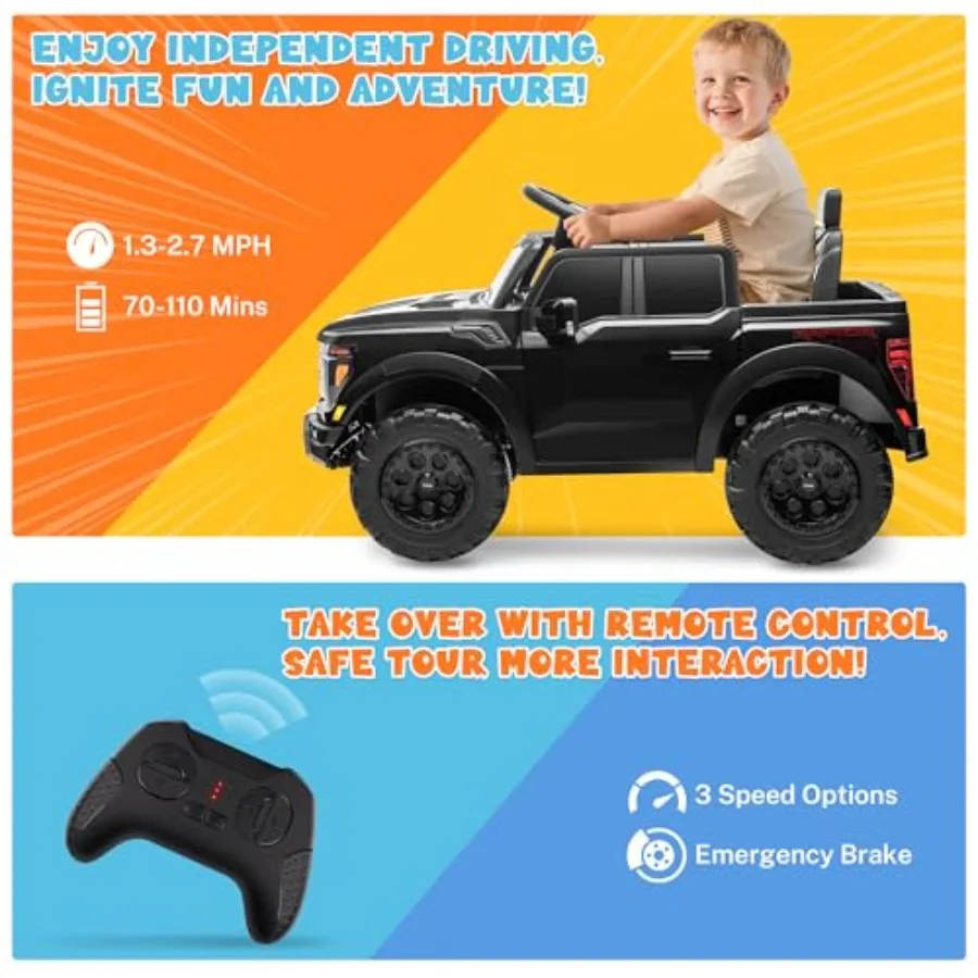 รถบรรทุกเด็กขับได้ 12V, รถยนต์ไฟฟ้าสำหรับเด็กเล็กพร้อมรีโมทคอนโทรล, ของเล่นรถยนต์เด็กขับได้พร้อมไฟ LED, เพลงบลูทูธ, ระบบล็อค