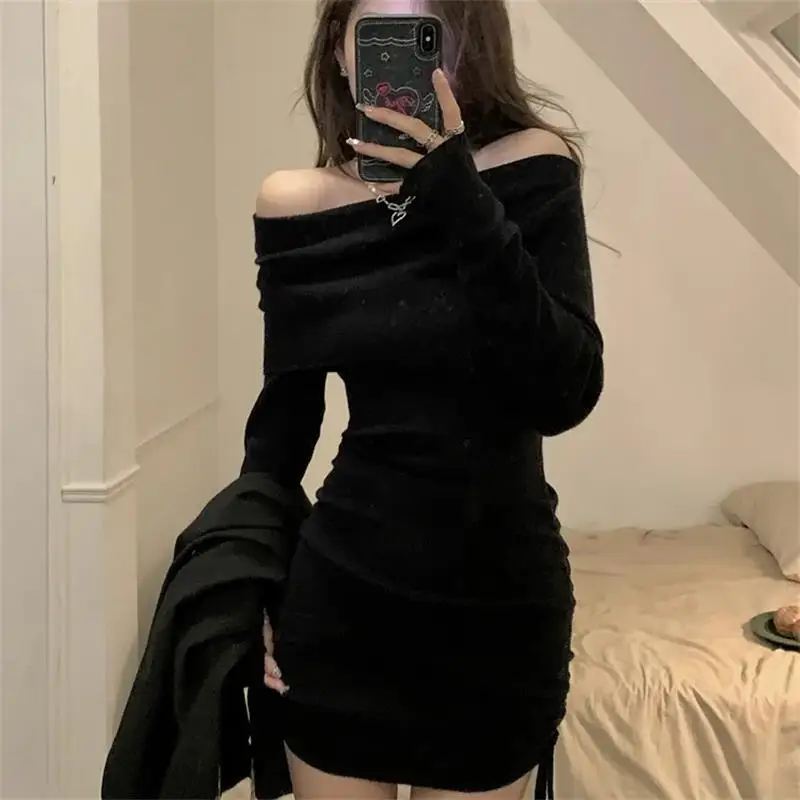 Y2K Vintage Party Night Dress Women Autumn Winter Harajuku Elegant Long Sleeve Knitted Dress Casual Fashion Korean Mini Dresses