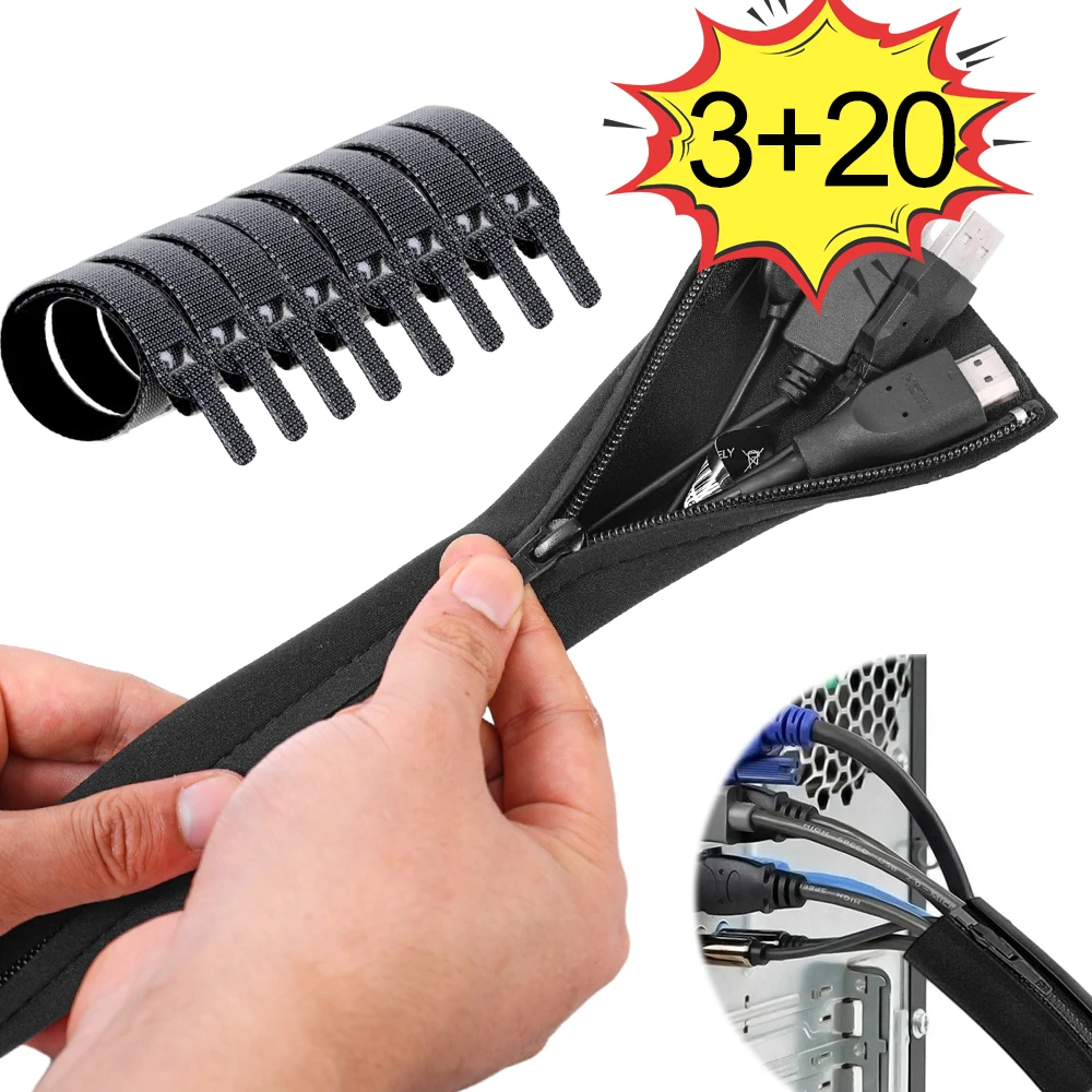 3/1pcs Zipper Cable Sleeve with Hook Loop Ties Flexible Wire Cable Management Protector Cable Organizer For Computer PC TV Lines