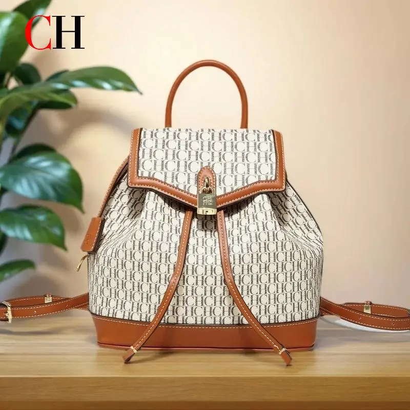 

CH Women Backpack Vintage Gold Lock Hardware Retro Aesthetic Ladies Bag Commute Short Trip Shopping Date