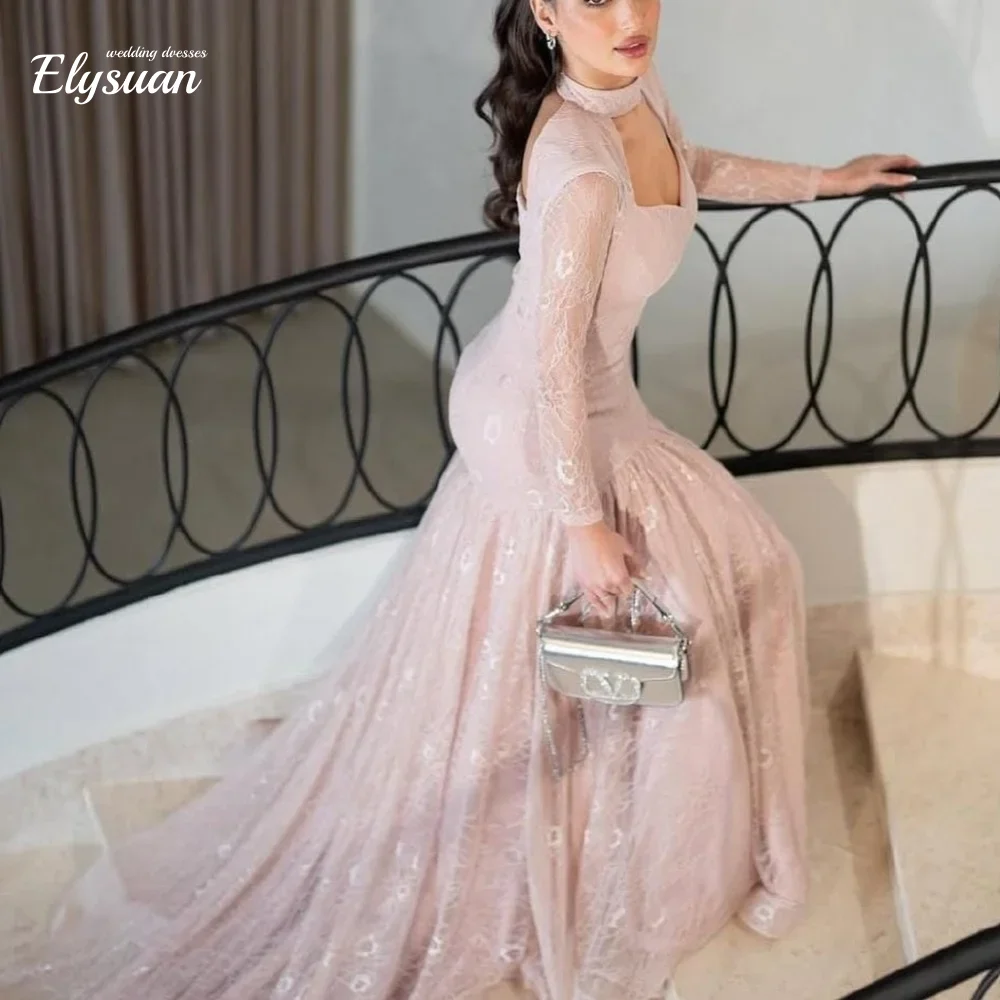 تخصيص دبي وردي فاتح الرقبة العالية ألف خط فساتين حفلة موسيقية عارية الذراعين كم طويل يزين الجلباب دي