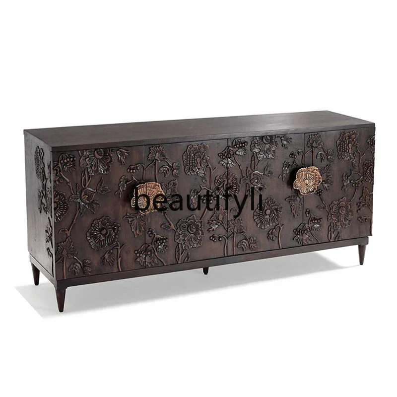 

02American solid wood porch cabinet, living room engraved dining side cabinet, retro style integrated partition cabinet