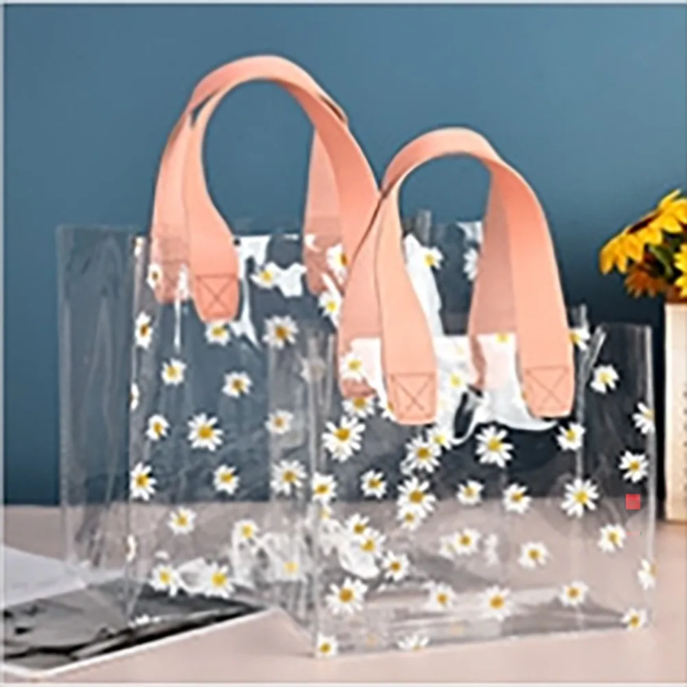 High Quality PVC Transparent Clear Tote Bag Little Daisy Waterproof Storage Bag Handle Gift Bag Transparent Shopping Bags