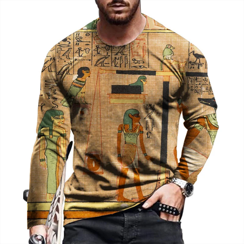 Egyptian Queen Pyramid Print Summer Men's Round Neck T-shirt Casual Long Sleeve Oversized T Shirt Fashion Pullover Men Clothing