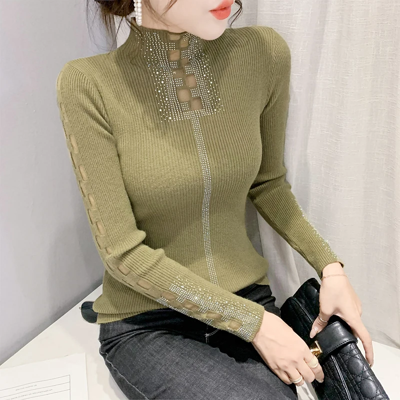 MadBlack, European Clothes T-Shirts, Women Sexy Mock Neck Diamonds Top, Long Sleeve Mesh Slim Sweater, 2024 Fall Winter T48950QM