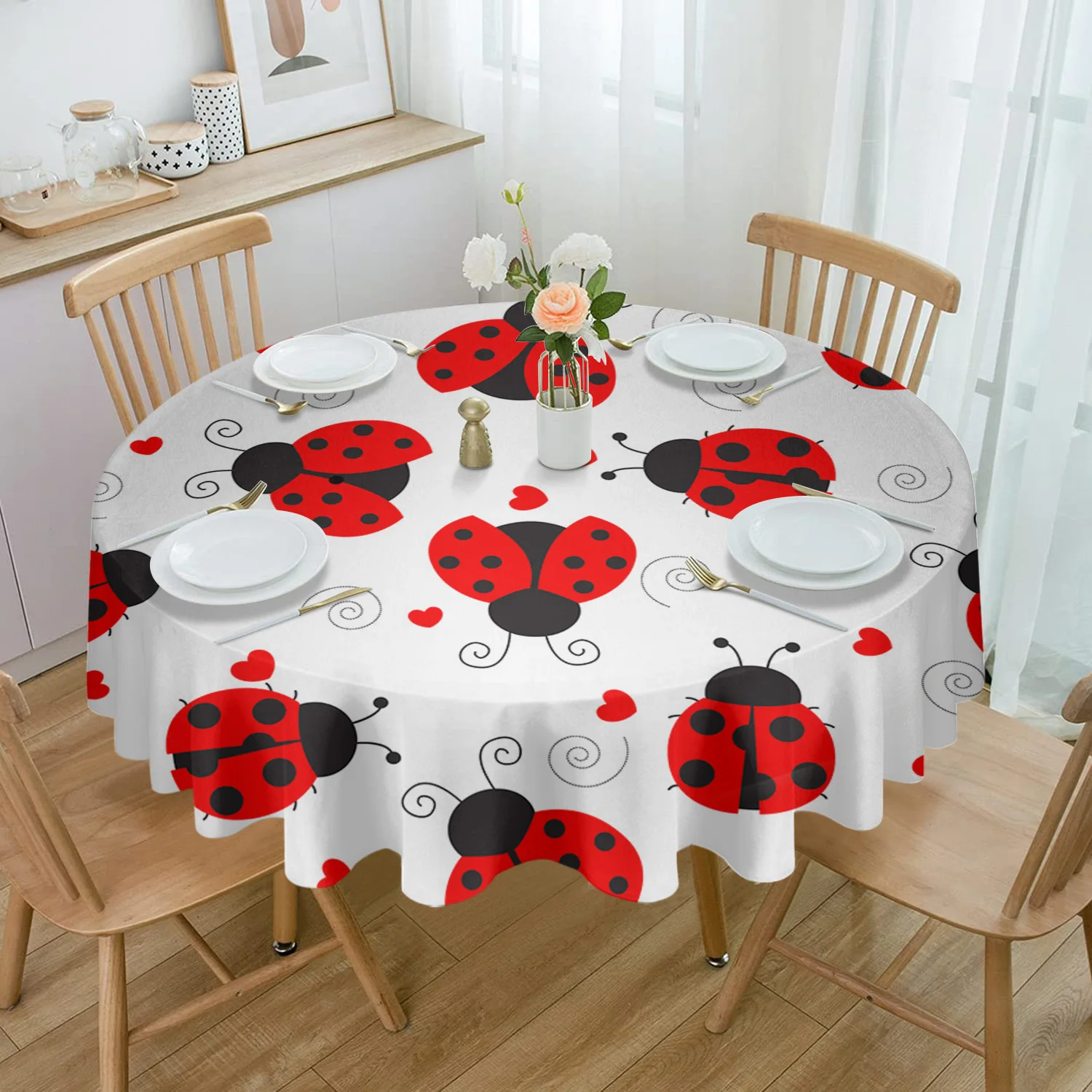 Ladybug Love Heart Dotted Texture Round Waterproof Tablecloth Home Decorative Table Cover Party Wedding Dining Room Table Cloth