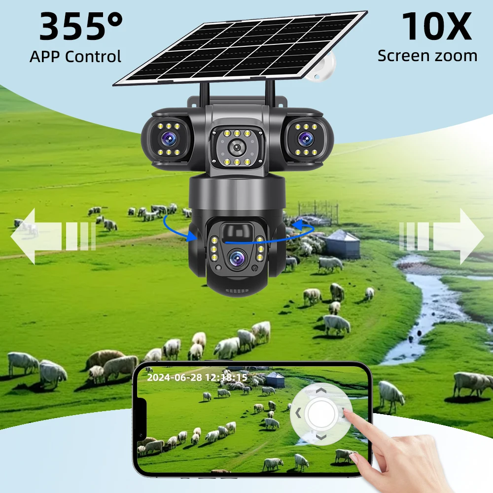V380 Pro 15MP 6K 10X Zoom Triple Lens 4G Solar Outdoor Three Screen PIR Motion Detection Security CCTV Camera