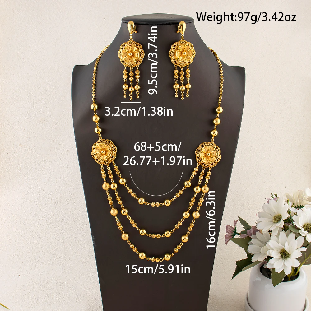 Perlen-Mehrketten-Halskette Quasten-Ohrringe Dubai Nigeria Vergoldetes Schmuckset Braut Hochzeits-Accessoires für Damen Geschenke – Detail 3