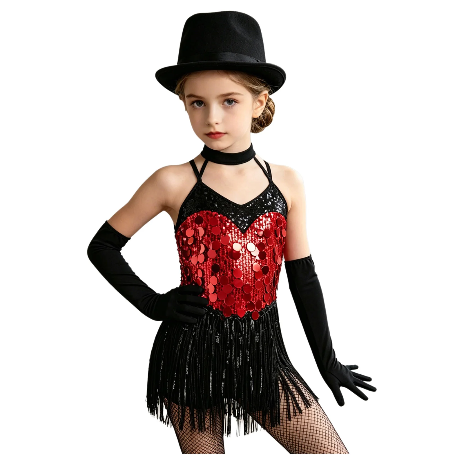 Kids Girls Tassels Latin Dance Leotard Dress Halter Strappy Sequins Fringed Dresses with Gloves for Ballroom Stage Performance - view 4