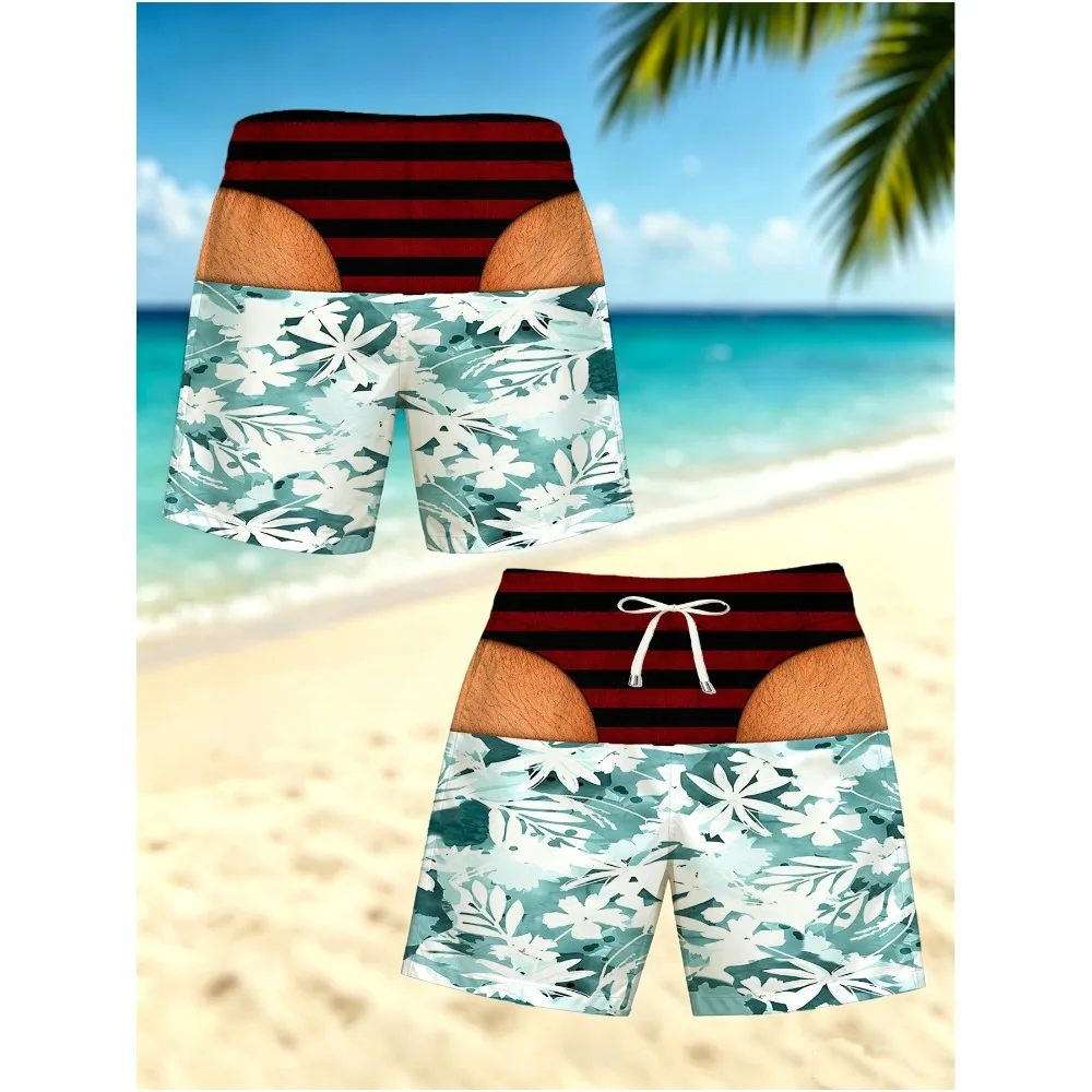 Funny Fake Bikini Waist Men Swim Trunks Teal Tropical Palm Leaf Floral Print Quick Dry Drawstring Beach Shorts Summer Vacation