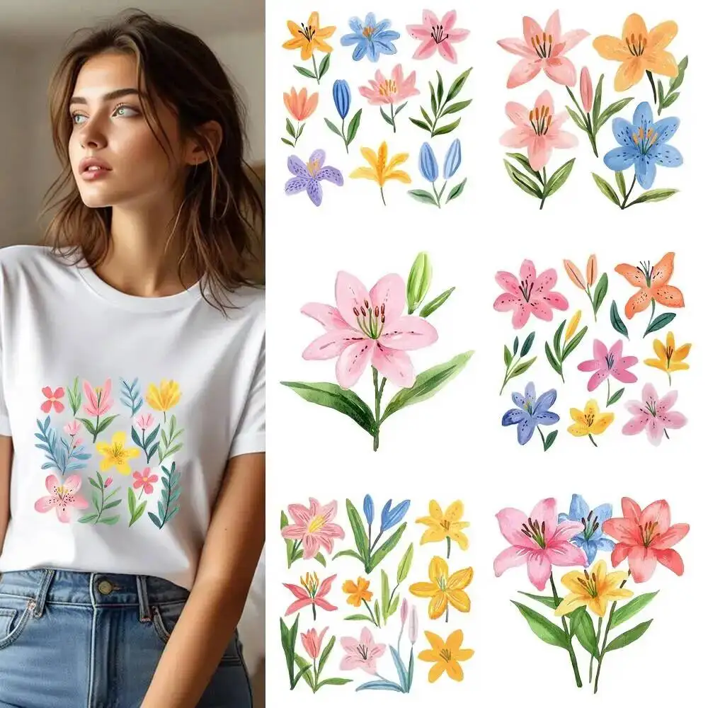 25CM Pink Blue Watercolor Lily Flower Heat Transfer Patches For Clothes DIY A-Level Washable Shirt Iron-on Thermal Sticker
